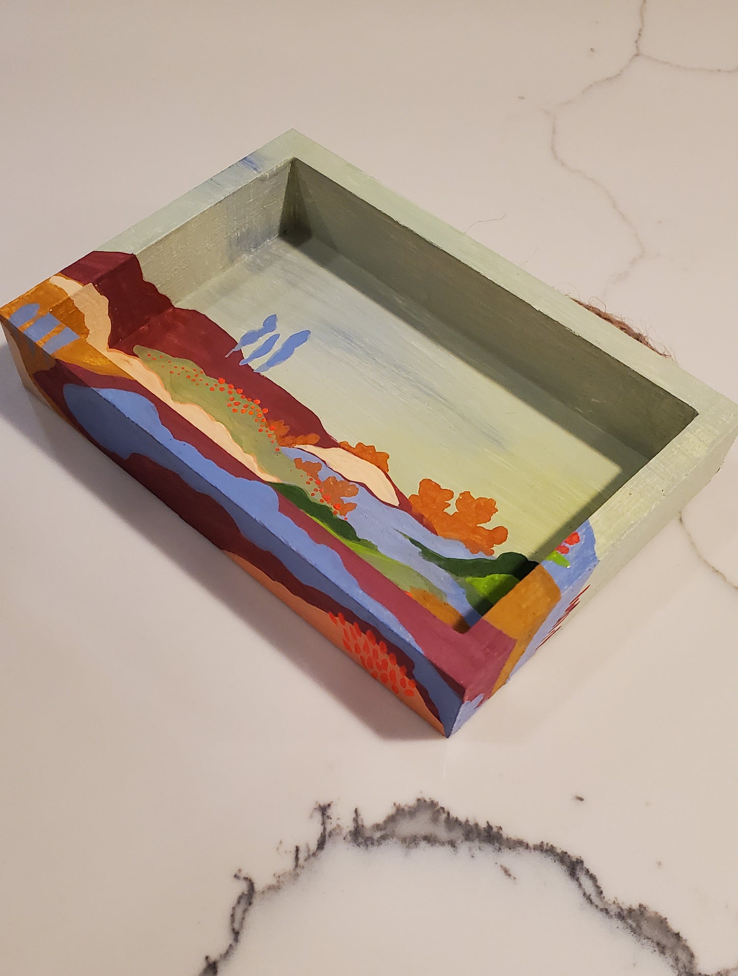 Wonderlandscape - little landscape original gouache painting, 4x6 mini wall art wood shadowbox, one of a kind artwork