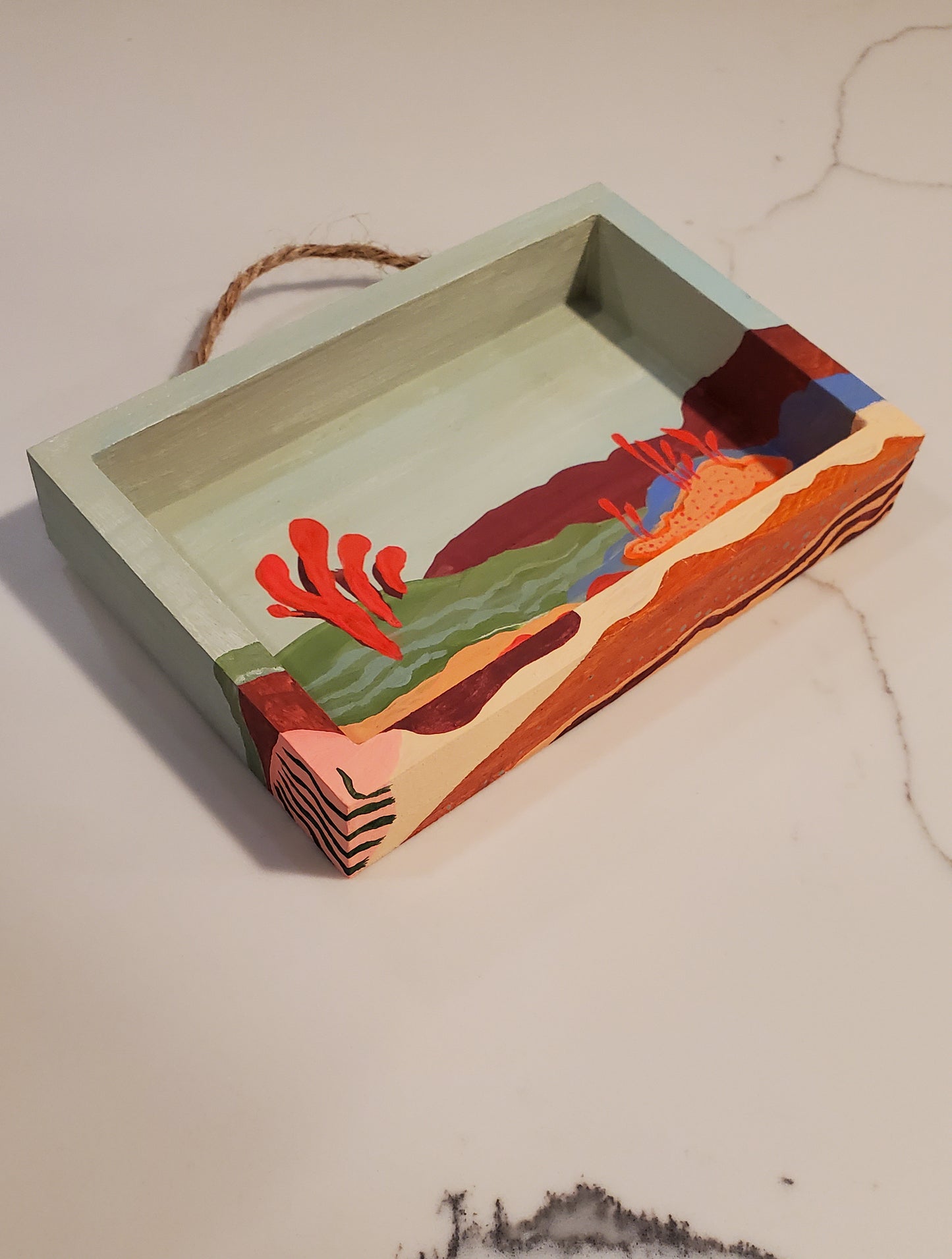 Sebastian's Crib - little landscape original gouache painting, 4x6 mini wall art wood shadowbox, one of a kind artwork