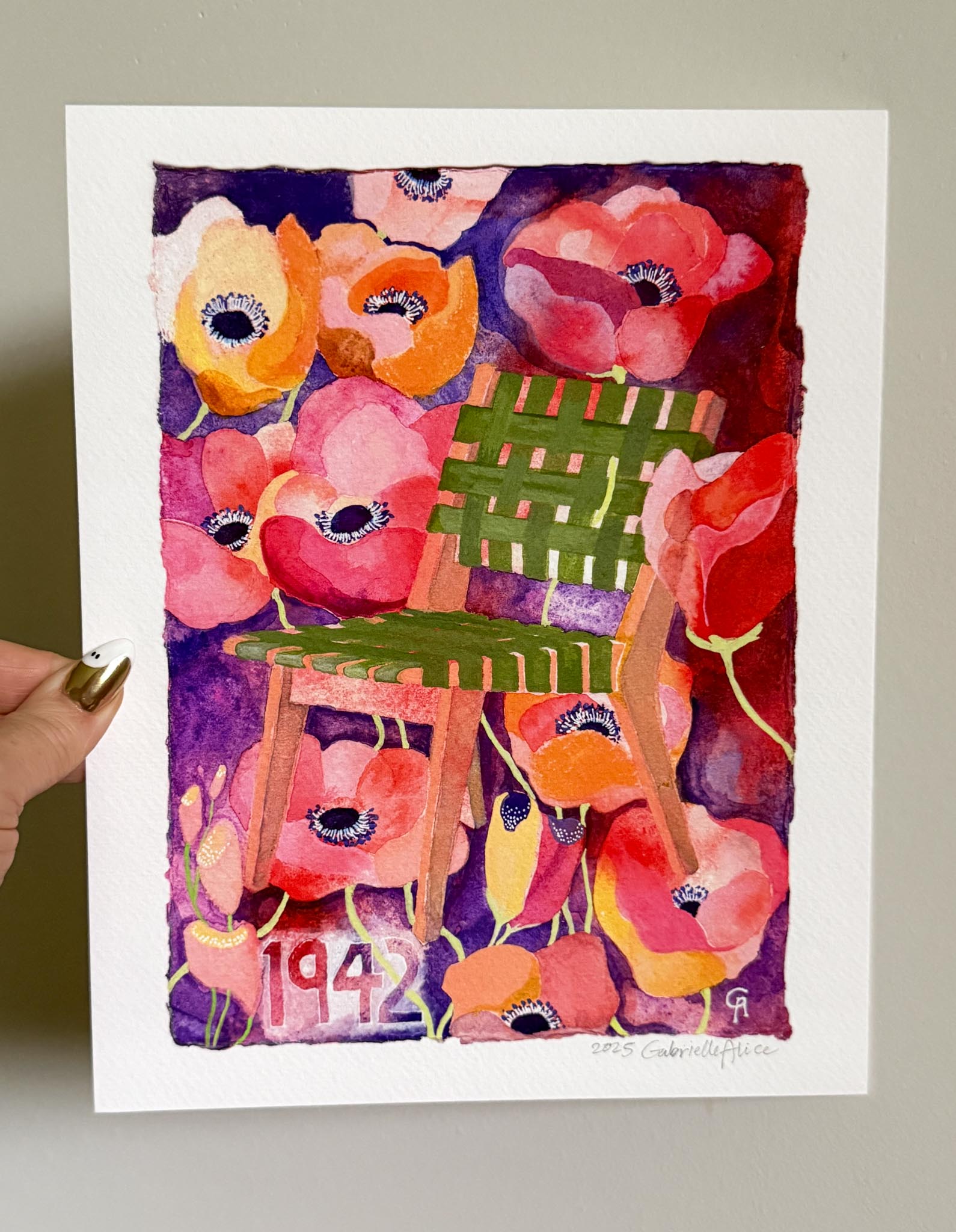 Colorful artwork of a green chair surrounded by flowers on a white background