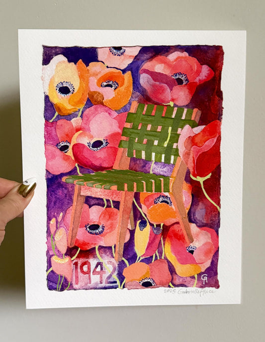 Colorful artwork of a green chair surrounded by flowers on a white background