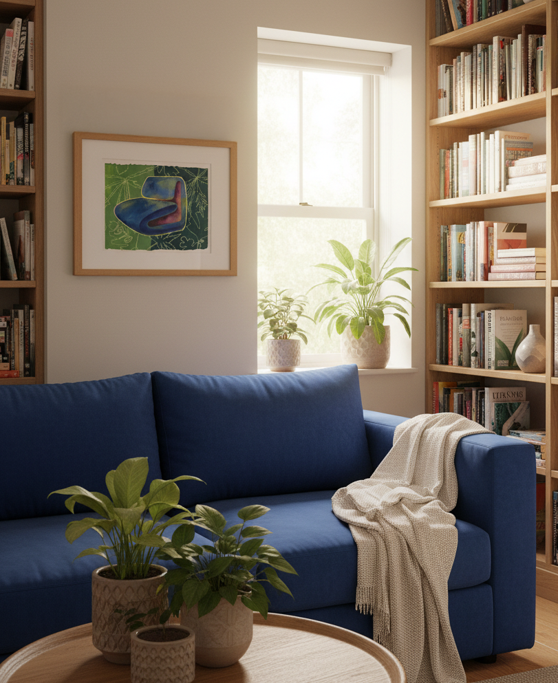 Cozy living room with blue sofa, bookshelves, and plants