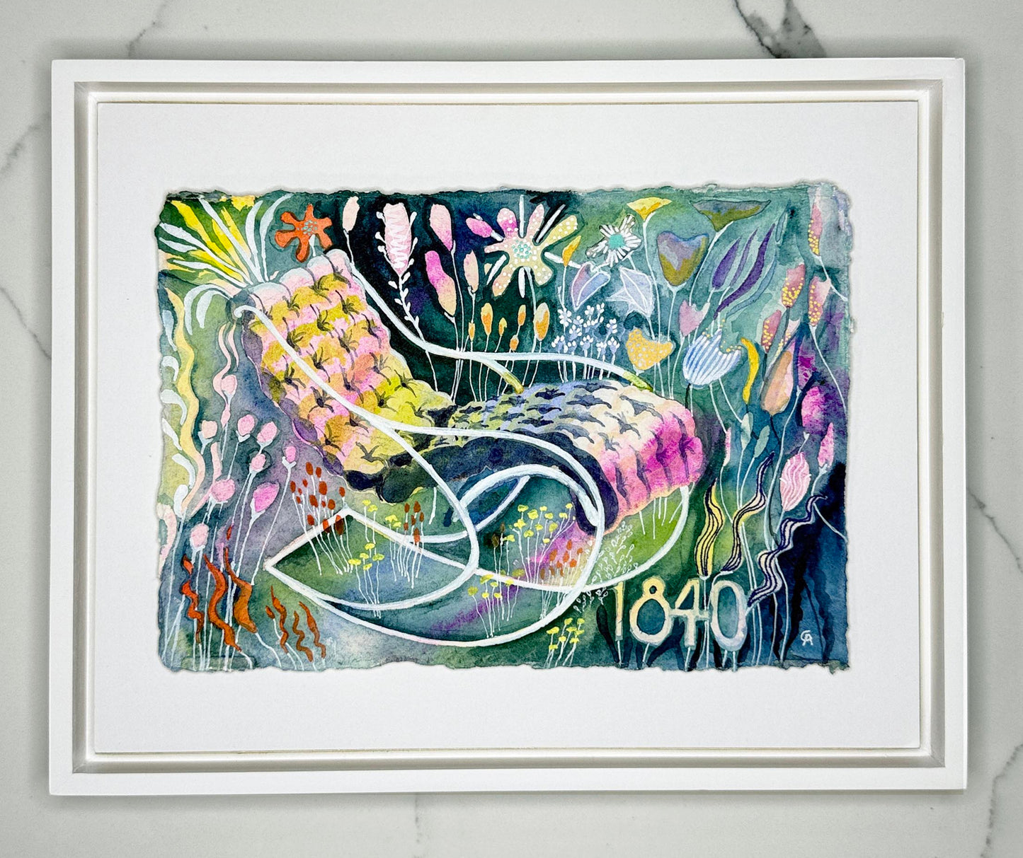 Framed colorful abstract artwork of a comfortable tufted rocking chair from 1840 with florals surrounding it in a magical garden scene on a marble surface