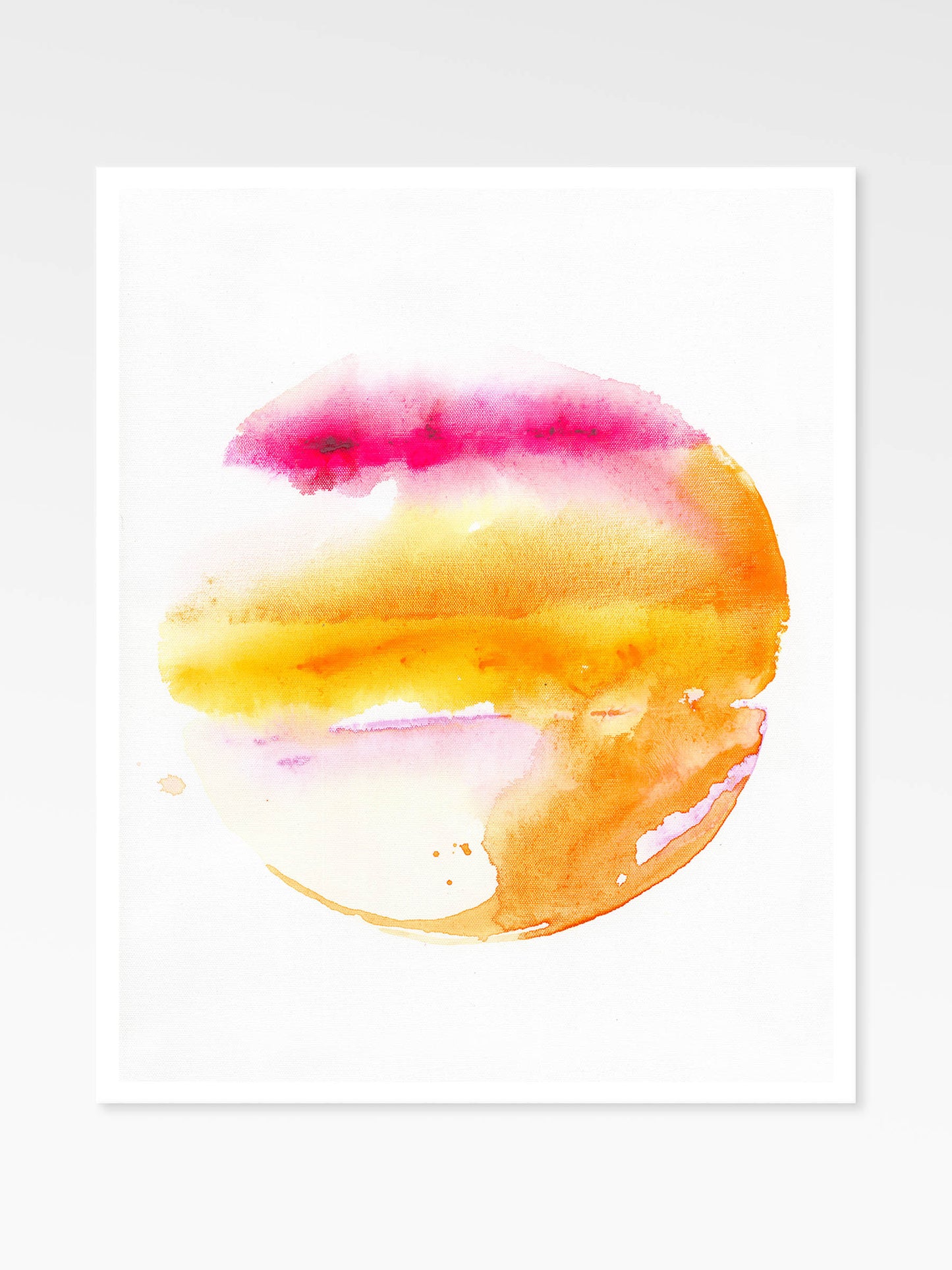 Abstract watercolor design with pink and orange hues on a white background