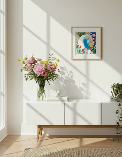 Modern interior with a vase of flowers, a bench, and a framed picture on a wall.