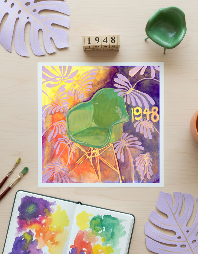 Colorful art piece with a chair illustration on a wooden surface with decorative elements.