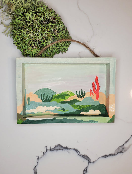 Desert Gifts - little landscape original gouache painting, 4x6 mini wall art wood shadowbox, one of a kind artwork
