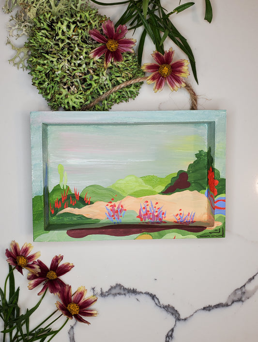 Wilderberry Highlands - little landscape original gouache painting, 4x6 mini wall art wood shadowbox, one of a kind artwork