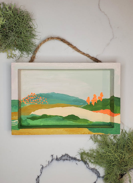 Welsh Wanderings - little landscape original gouache painting, 4x6 mini wall art wood shadowbox, one of a kind artwork