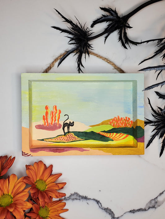 Purrfect Adventure - little landscape original gouache painting, 4x6 mini wall art wood shadowbox, one of a kind artwork
