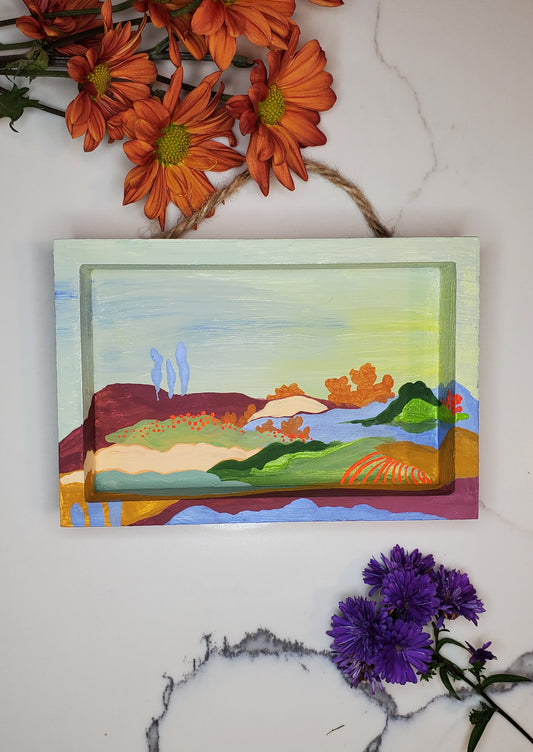 Wonderlandscape - little landscape original gouache painting, 4x6 mini wall art wood shadowbox, one of a kind artwork