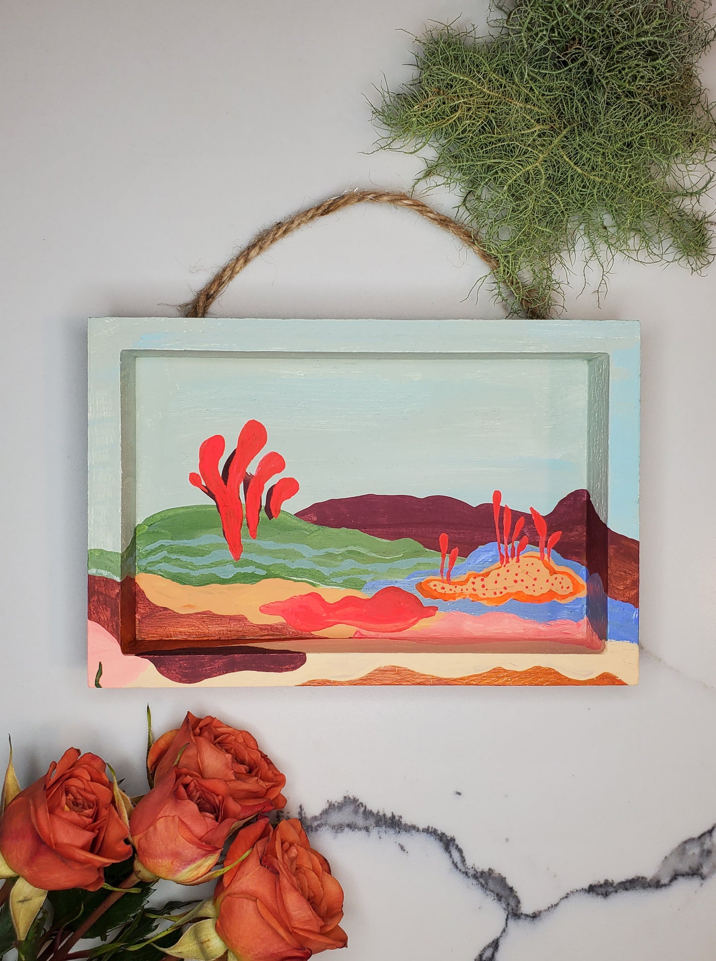 Sebastian's Crib - little landscape original gouache painting, 4x6 mini wall art wood shadowbox, one of a kind artwork