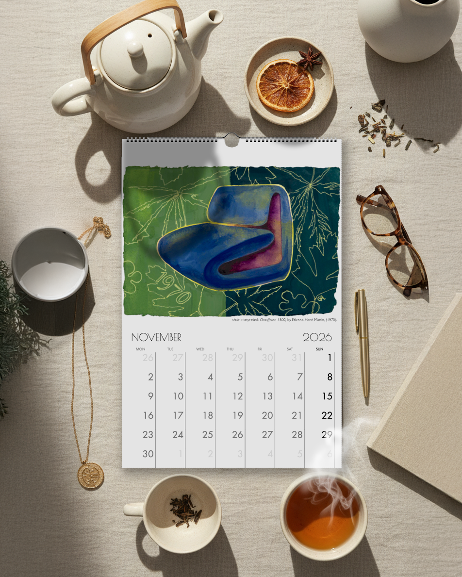 Calendar for November 2026 on a table with tea set and decor items