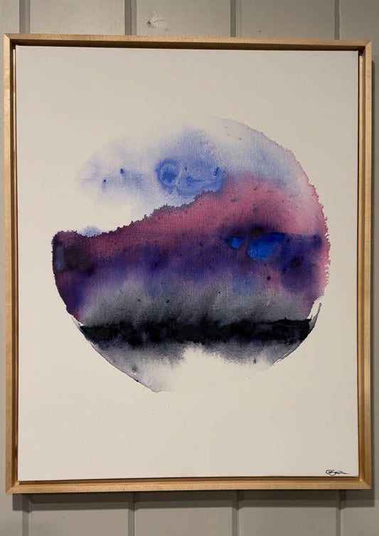 Framed abstract watercolor painting with a gradient of blue, pink, and purple on a white background.