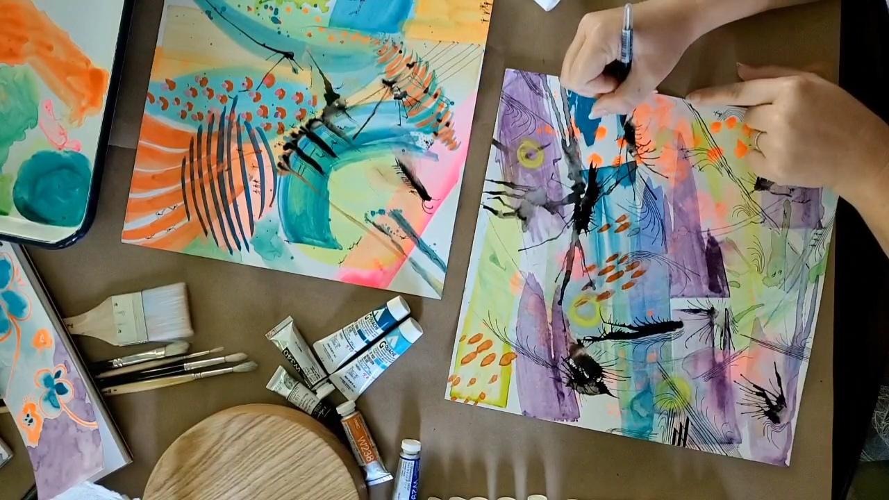 Load video: Abstract painting process video. Creation of artist trading cards from a watercolor, guache, ink piece on hot press watercolor paper