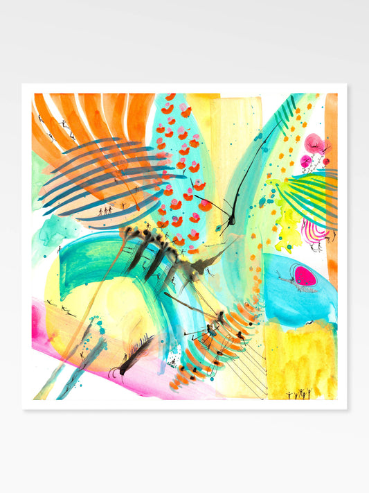 Colorful abstract artwork with a prominent butterfly design on a white background