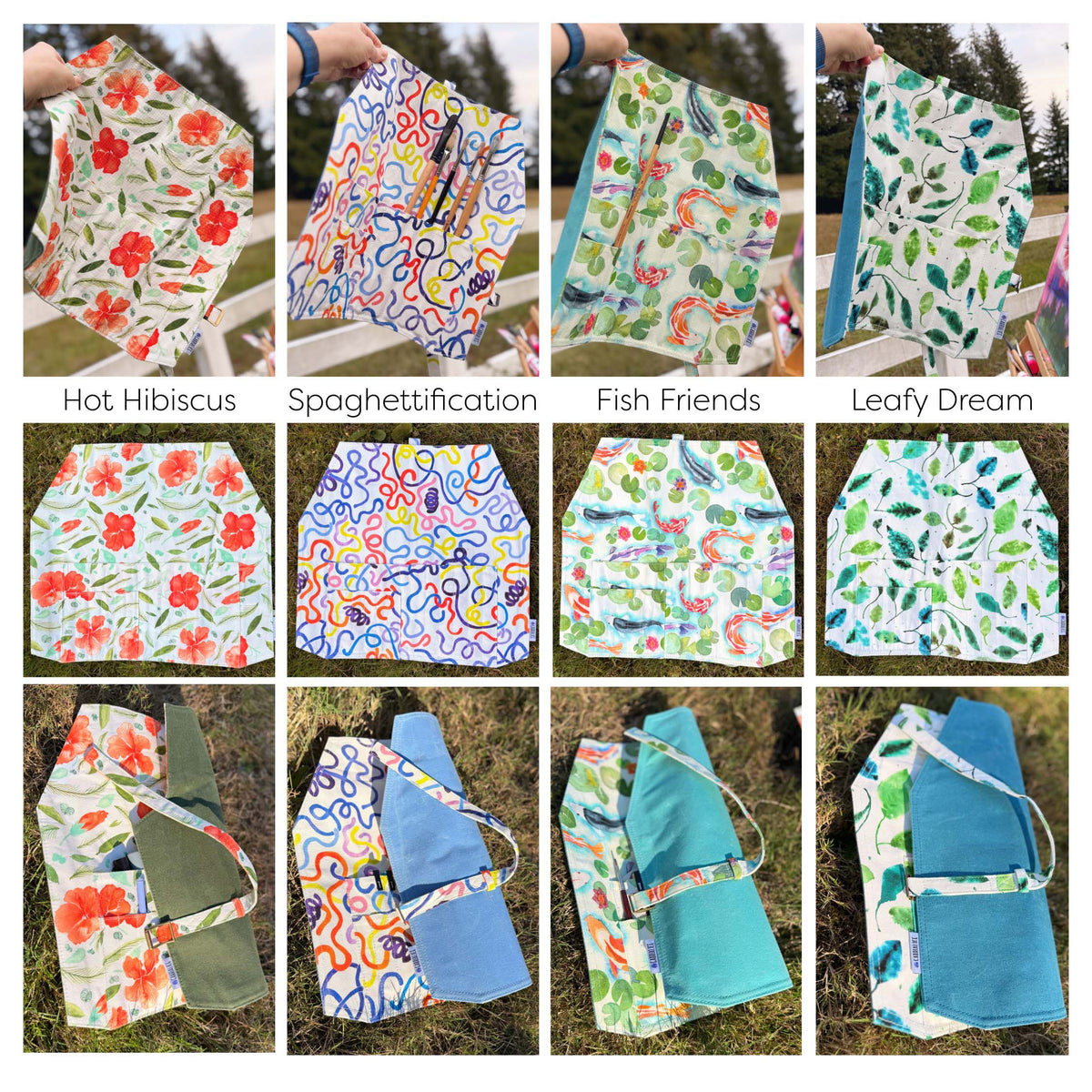 A collage showing four different canvas paint brush rolls laid out outdoors on grass, each with a unique colorful abstract or floral print. Some panels show the items being held up by a person's hand, and each image has a text label underneath Hot Hibiscus, Spaghettification, Fish Friends, Leafy Dream.
