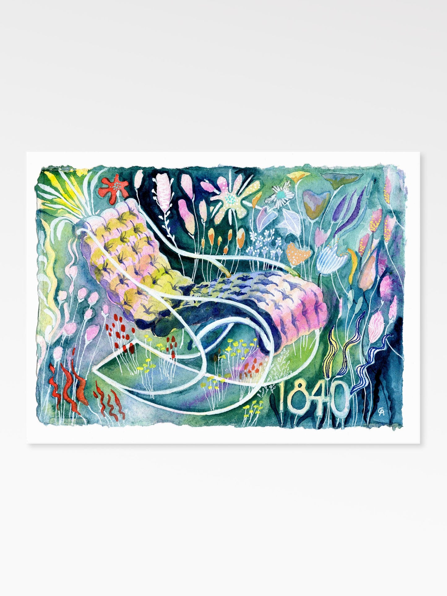 Colorful abstract design with floral elements and the number '1840' on a white background