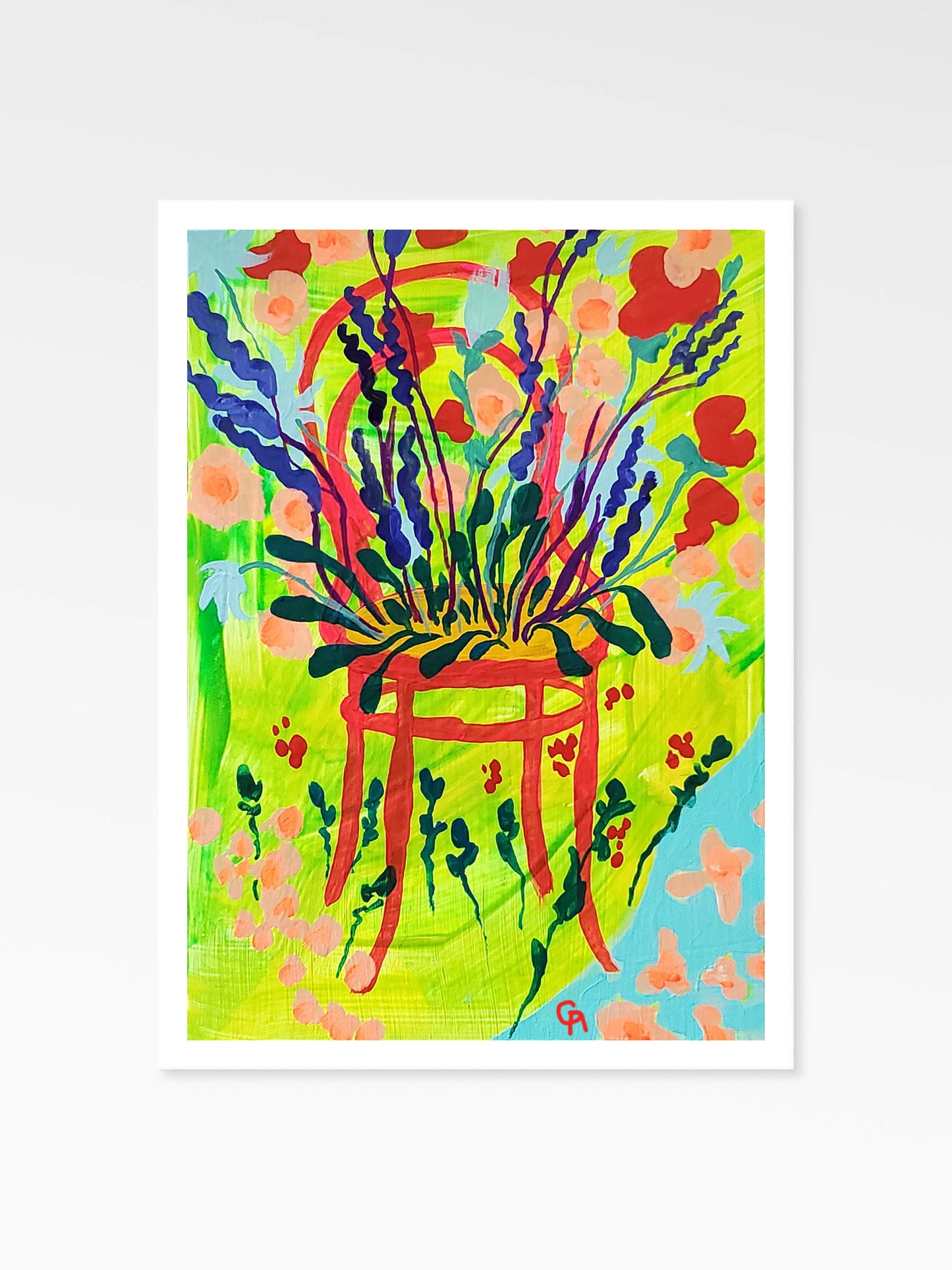 Colorful abstract painting of a chair with floral elements on a white background