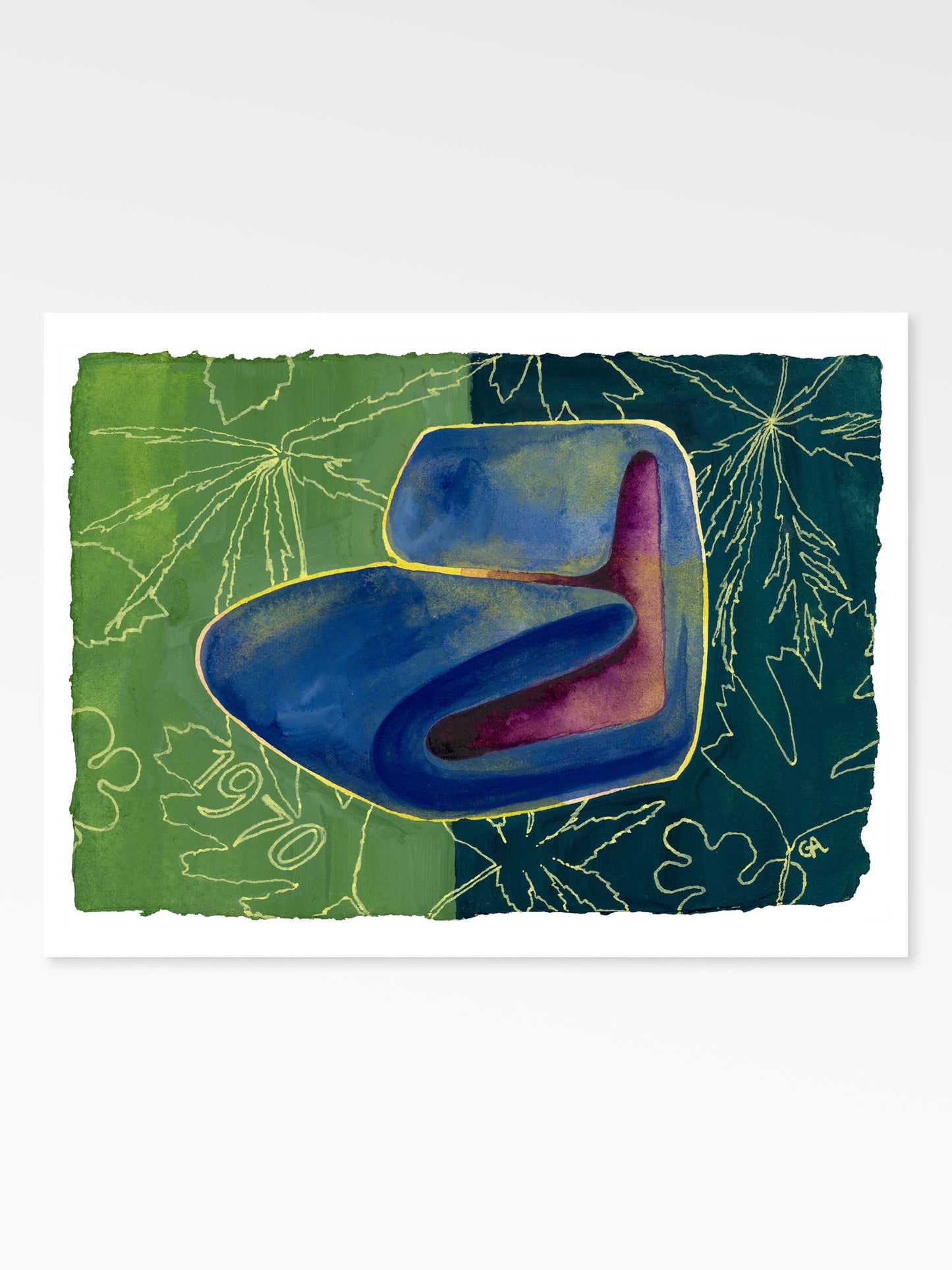 Abstract art piece with a blue and purple shape on a green and dark blue background