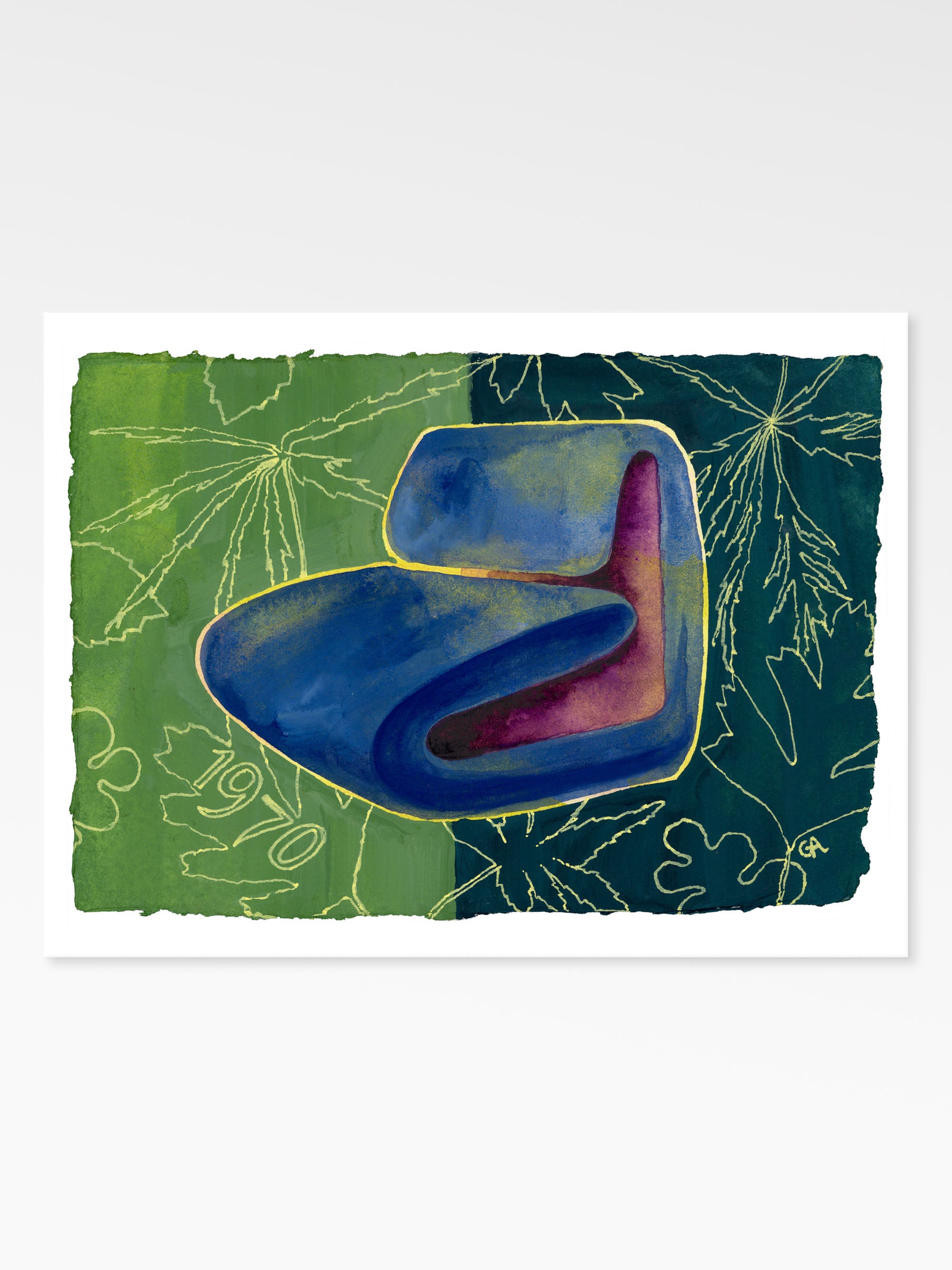 Abstract art piece with a blue and purple shape on a green and dark blue background