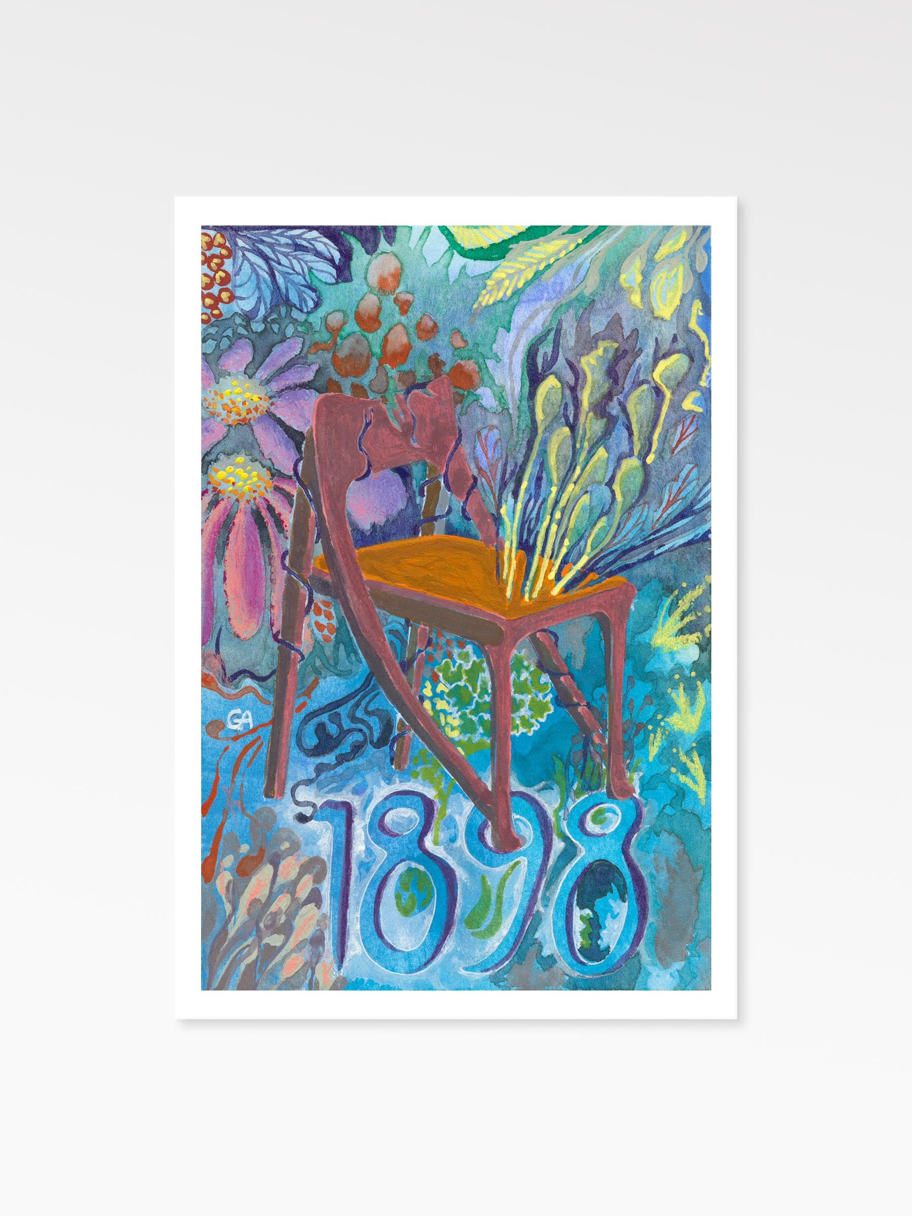 Colorful artwork with a chair and floral elements on a blue background, featuring the number 1898.