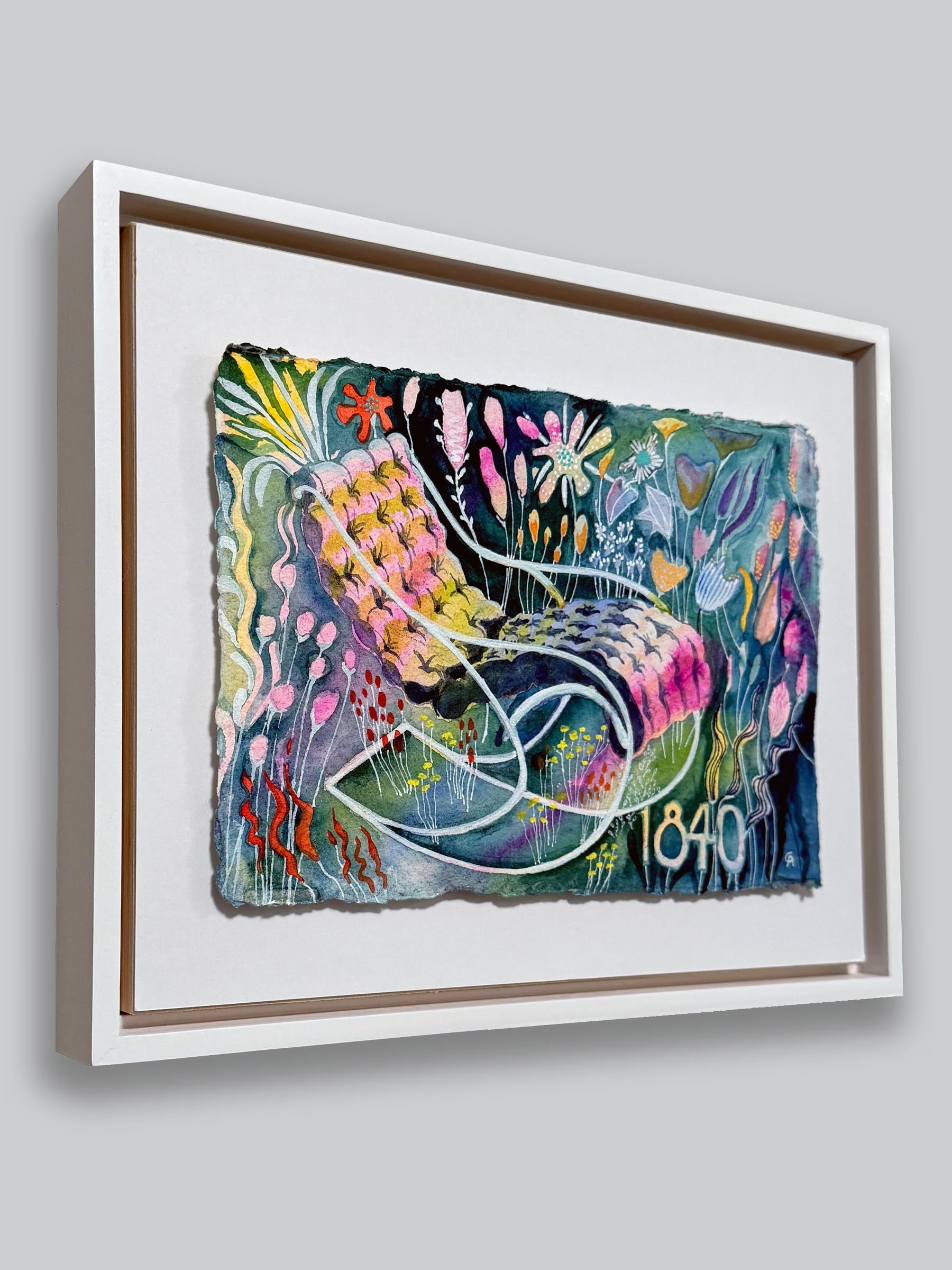 Framed artwork in a white frame with a white mat float board, with colorful abstract design on a white wall. lots of color watercolor on a recycled cotton cold press textured paper with raw ripped edge. florals surround a lounge tufted chair with curvy classic lines from 1840