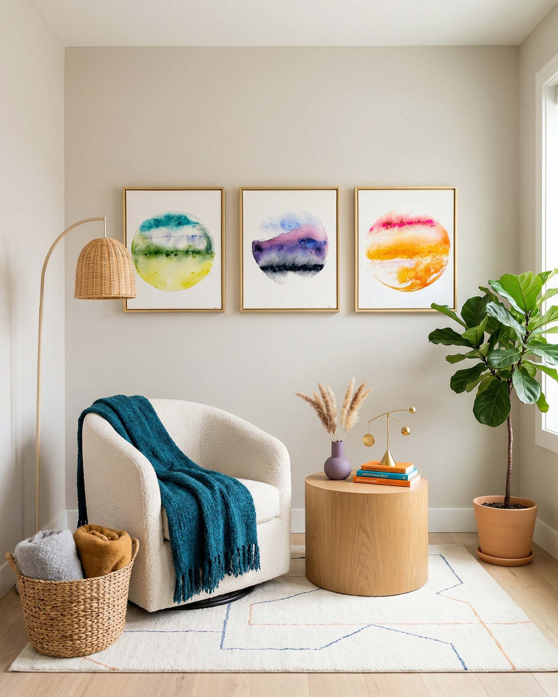 Modern living room with a white armchair, colorful abstract art, and decorative items. maple wood float framed watercolor paintings on canvas with circular fantasy planetary design in blue, green, and yellow green hues on a white background. with two other pieces in a collection. Purple planet abstract and Orange planet abstract lined up.