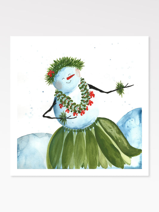 Snowwoman snowgirl wearing a hula skirt and lei on a white background print of a watercolor and gouache painting ti leaves and dancing in a hula position with her stick arms and carrot nose