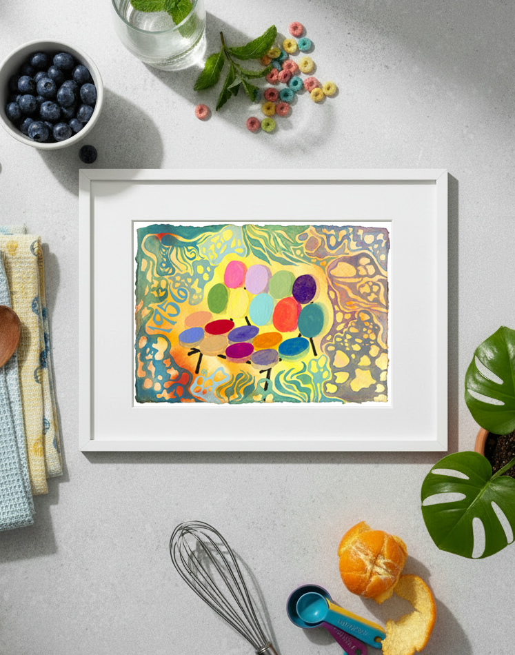 Colorful abstract art print on a kitchen counter with utensils and ingredients.