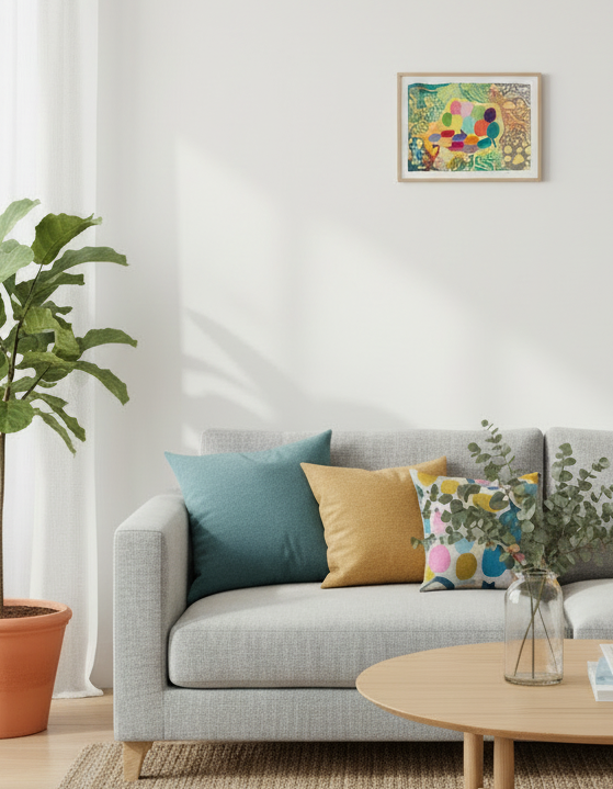 Living room with a gray sofa, colorful cushions, a wooden coffee table, and a plant.