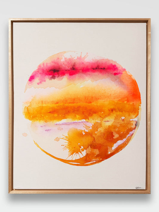 maple wood float Framed abstract watercolor painting on canvas with a circular fantasy planet design in super bright fluorescent orange, pink, on a white background