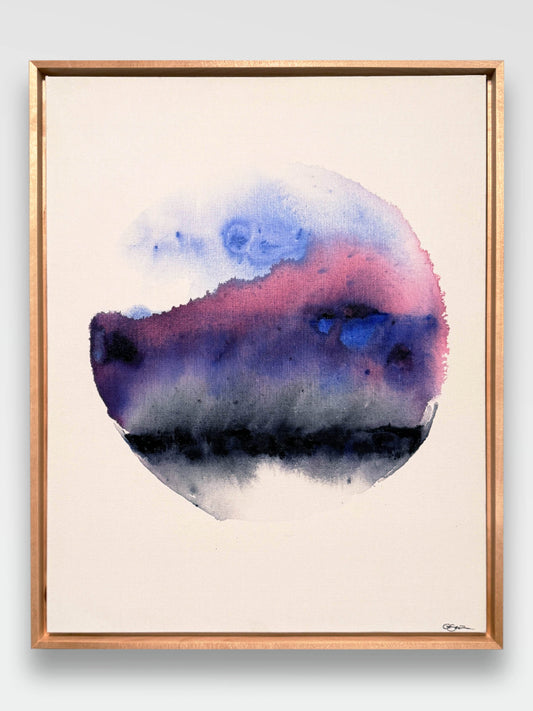 maple wood float Framed abstract watercolor painting on canvas with a gradient of blue, pink, and purple on a white background. Fantasy planet, mysterious dark but flowing whimsical