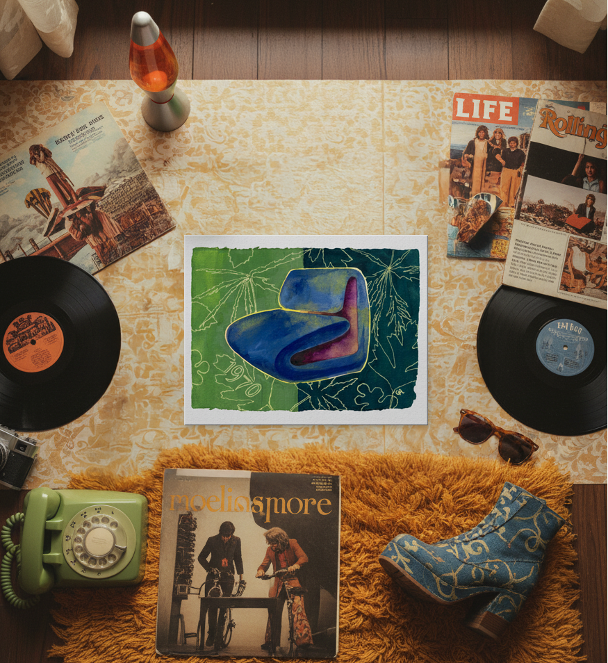 Vintage-style table with records, magazine, and artwork on a wooden floor.