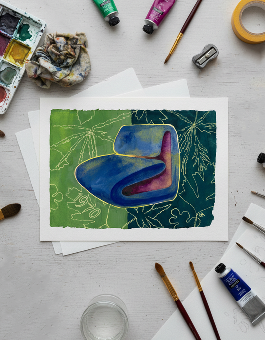 Artistic setup with watercolor painting, brushes, and supplies on a light gray surface.