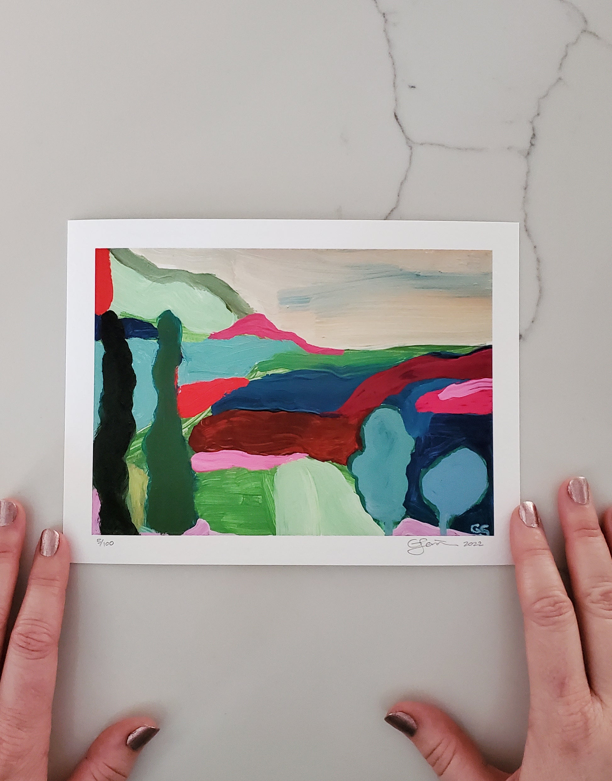 french countryside multicolored acrylic textured brushstrokes visible on the print, many greens, olive colored tall trees, seafoam green, abstract hills and sky